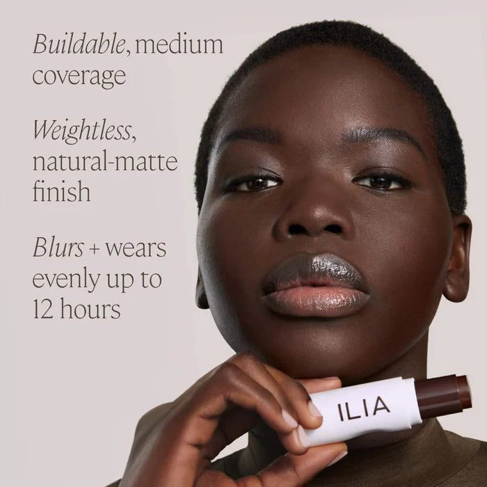 Ilia Skin Rewind Blurring Foundation and Concealer Complexion Stick in various shades, new in packaging, close-up view.