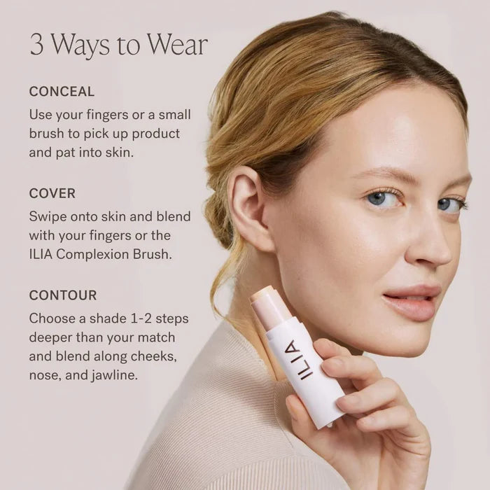 Ilia Skin Rewind Blurring Foundation and Concealer Complexion Stick in various shades, new in box, close-up of product tip and packaging