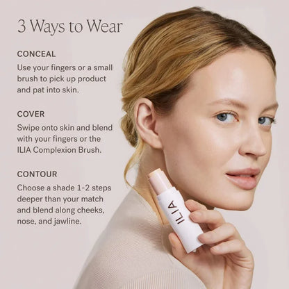 Ilia Skin Rewind Blurring Foundation and Concealer Complexion Stick in various shades, new in box, close-up of product tip and packaging