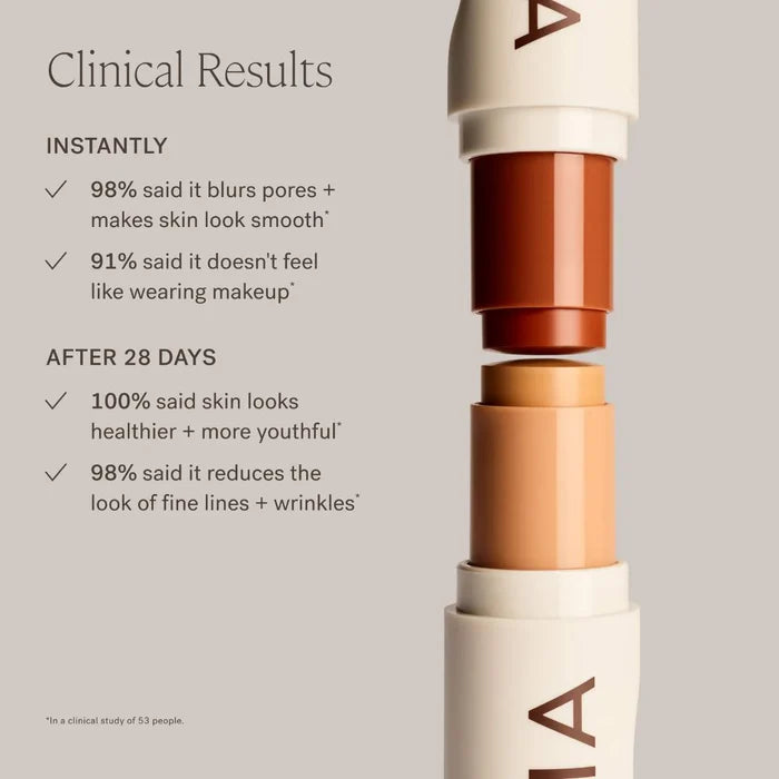 Ilia Skin Rewind blurring foundation and concealer complexion stick in various shades, displayed with the product packaging.