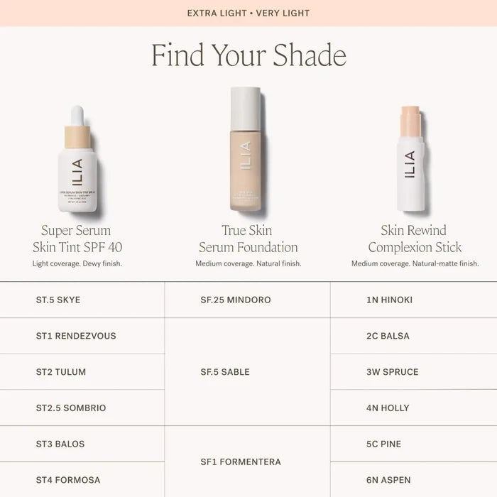 Ilia Skin Rewind blurring foundation and concealer complexion stick in various shades, with a sleek packaging design.