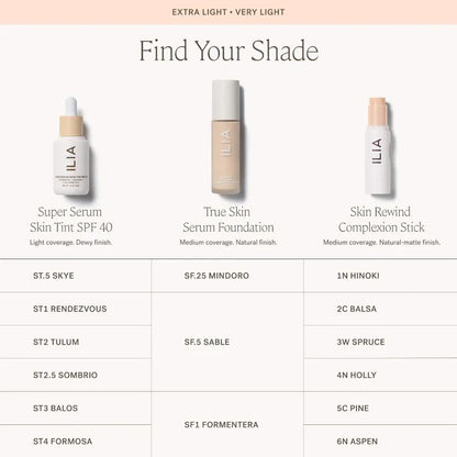 Ilia Skin Rewind blurring foundation and concealer complexion stick in various shades, with a sleek packaging design.