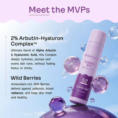 Illuminate+ Dewy Gel Sunscreen SPF 50+ PA++++ with 2% Arbutin-Hyaluron Complex™ & Wild Berries - 50g