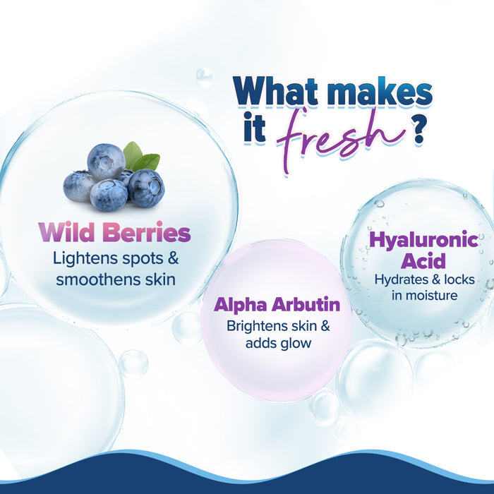 Gel moisturizer formula featuring berries, alpha arbutin and hydration
