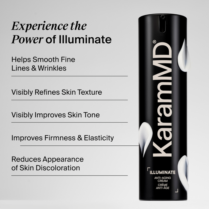 A black cylindrical KaramMD Illuminate anti-aging cream canister shown on a light gray background with promotional text listing skin benefits.