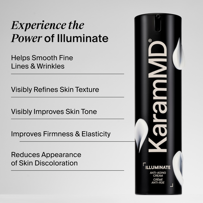 A black cylindrical KaramMD Illuminate anti-aging cream canister shown on a light gray background with promotional text listing skin benefits.