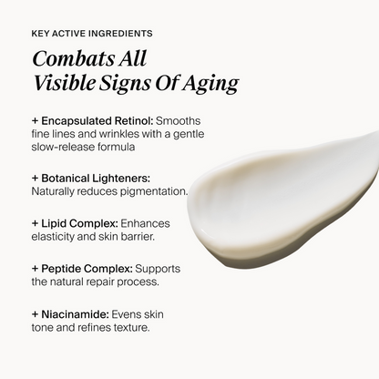 A swatch of Illuminate skincare on a light off-white background. The left side features black text detailing key active ingredients: encapsulated retinol, botanical lighteners, a lipid complex, a peptide complex, and niacinamide, with the headline 'Combats All Visible Signs Of Aging.