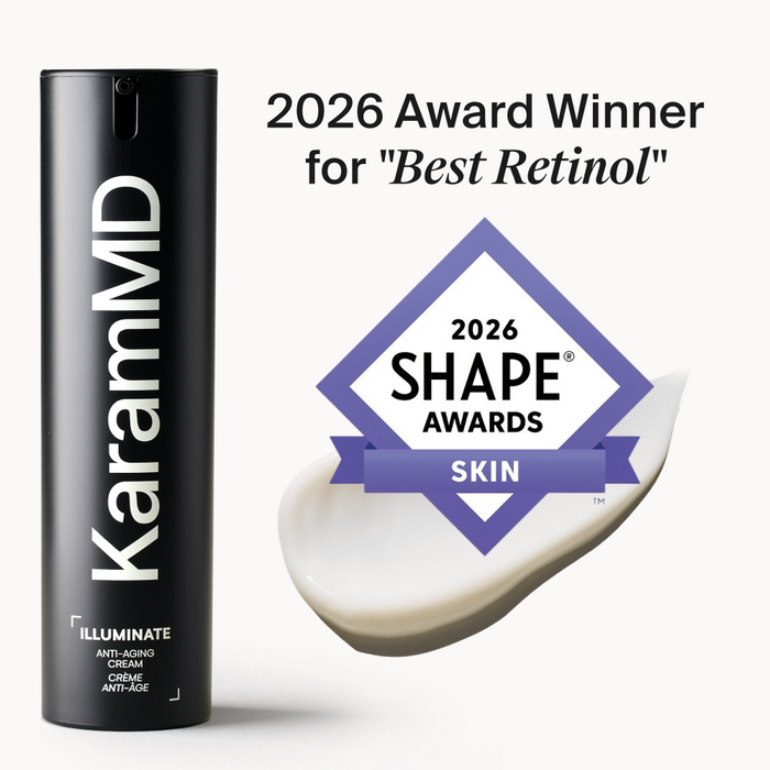 KaramMD Illuminate Anti-Aging Cream in a sleek black cylindrical bottle, shown next to a purple 2026 Shape Awards Skin badge and a smear of the white cream on a clean white background.