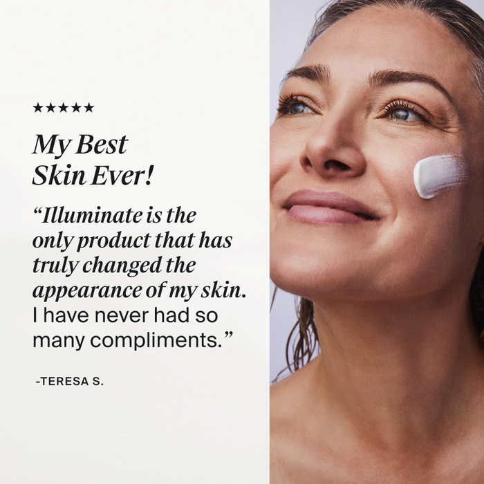 A promotional skincare graphic with a close-up of a woman on the right side, showing part of her face with a white cream applied to her cheek, and text on the left reading 'My Best Skin Ever!' with a quote attributed to Teresa S.