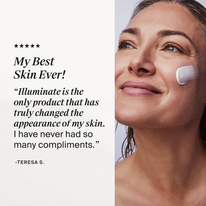 A promotional skincare graphic with a close-up of a woman on the right side, showing part of her face with a white cream applied to her cheek, and text on the left reading 'My Best Skin Ever!' with a quote attributed to Teresa S.