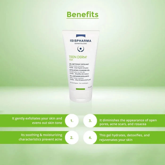 Isispharma Teen Derm gel product benefits are listed.