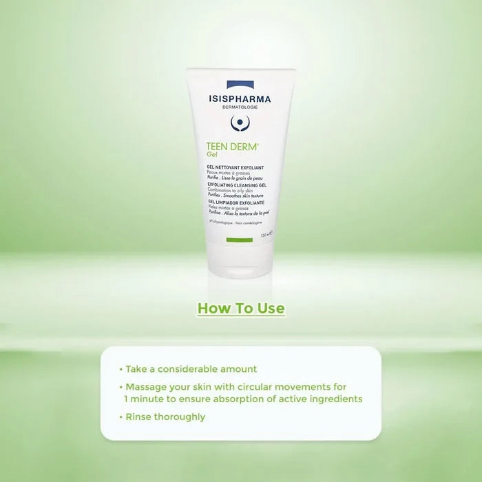 Tube of Isis Pharma Teen Derm gel with usage instructions.