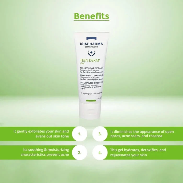 Isispharma Teen Derm gel tube with benefits listed.