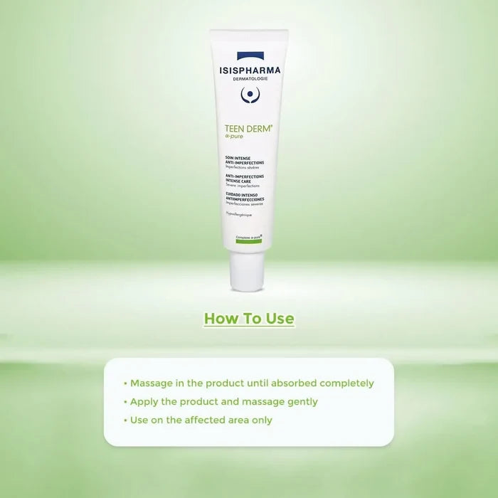 Tube of Isis Pharma Teen Derm on a green gradient with usage instructions.