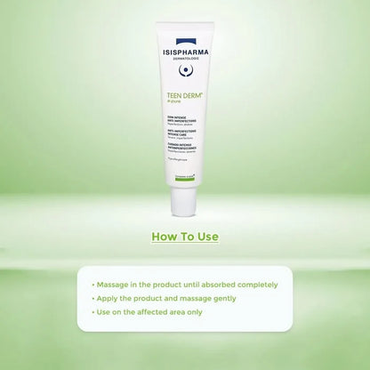 Tube of Isis Pharma Teen Derm on a green gradient with usage instructions.