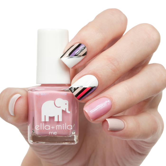 Isla View lavender pink nail polish with black and red striped accent nail art