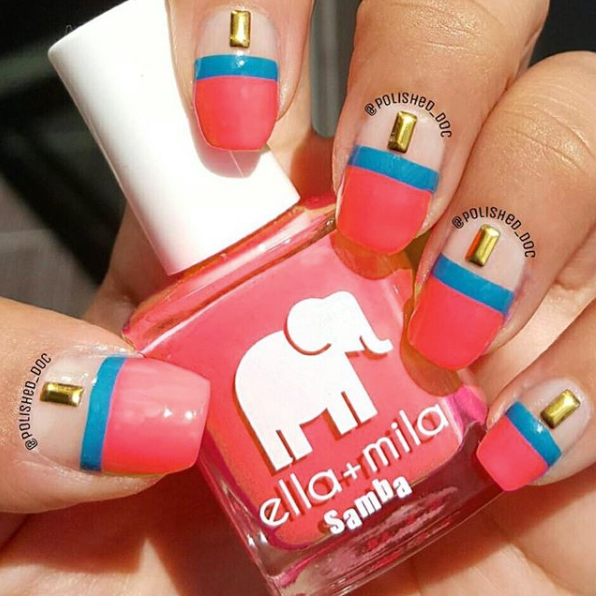 Island Love pink nail polish with blue stripe and gold stud nail art