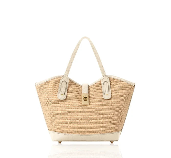 Italian Handmade Raffia & Leather Tote Bag with Detachable Pouch - PM692 Cream