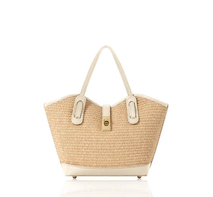Italian Handmade Raffia & Leather Tote Bag with Detachable Pouch - PM692 Cream