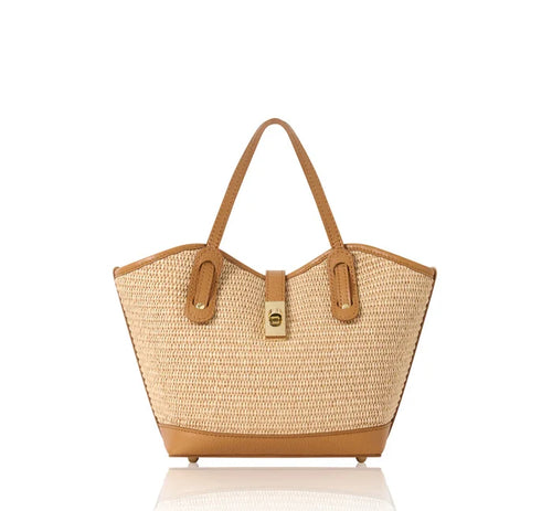 Italian Handmade Raffia & Leather Tote Bag with Detachable Pouch - PM692 Dark Tan