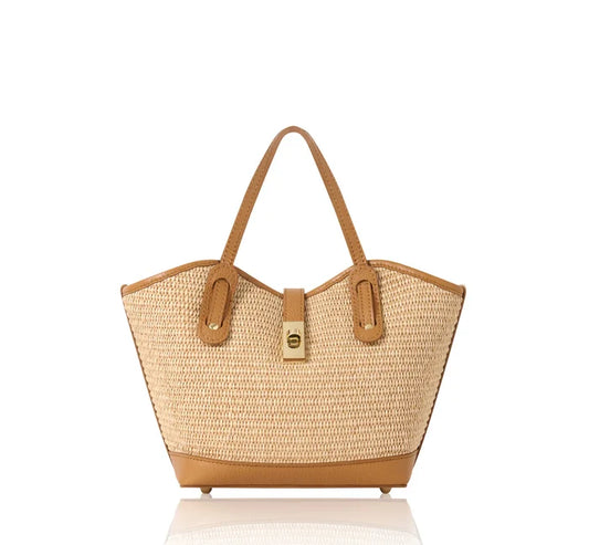 Italian Handmade Raffia & Leather Tote Bag with Detachable Pouch - PM692 Dark Tan