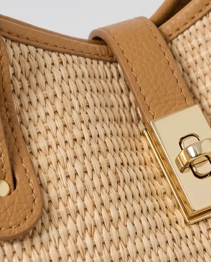 Italian Handmade Raffia & Leather Tote Bag with Detachable Pouch - PM692 Dark Tan