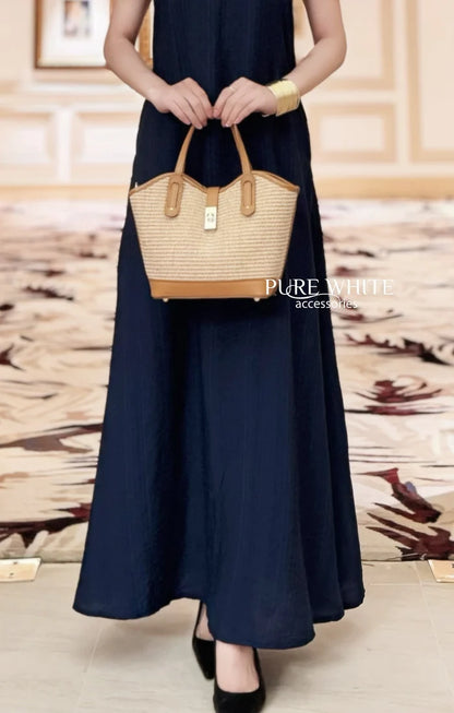 Italian Handmade Raffia & Leather Tote Bag with Detachable Pouch - PM692 Dark Tan