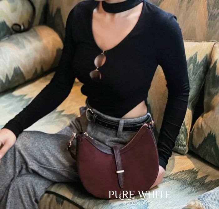 Italian Premium Suede & Leather Curved Shoulder Crossbody Bag