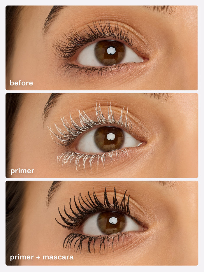 Before and after comparison of eye makeup application with primer and mascara.