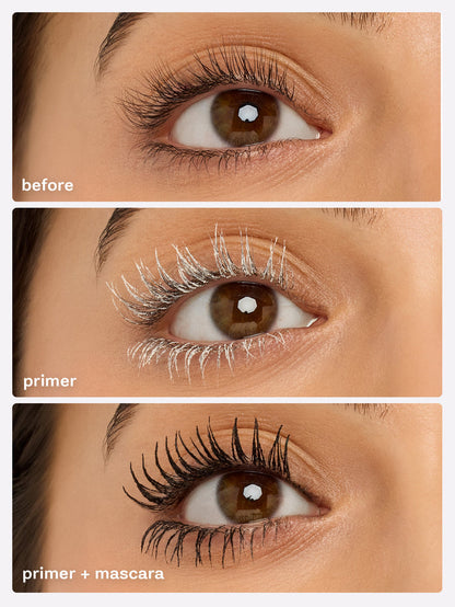 Before and after comparison of eye makeup application with primer and mascara.