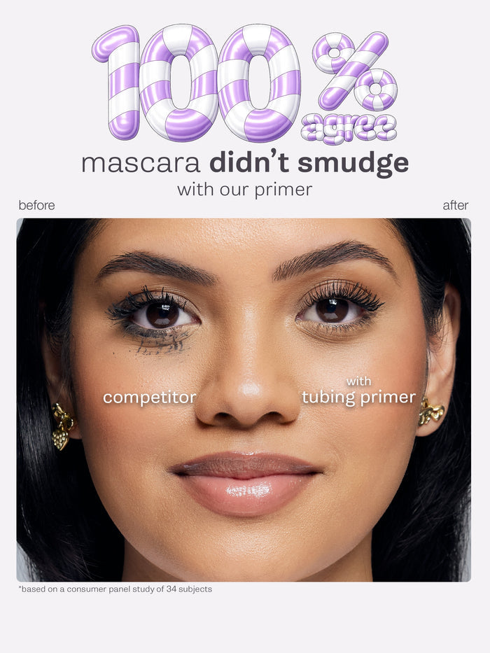 Advertisement for mascara and primer showing a close-up of a woman's face with text indicating product effectiveness.