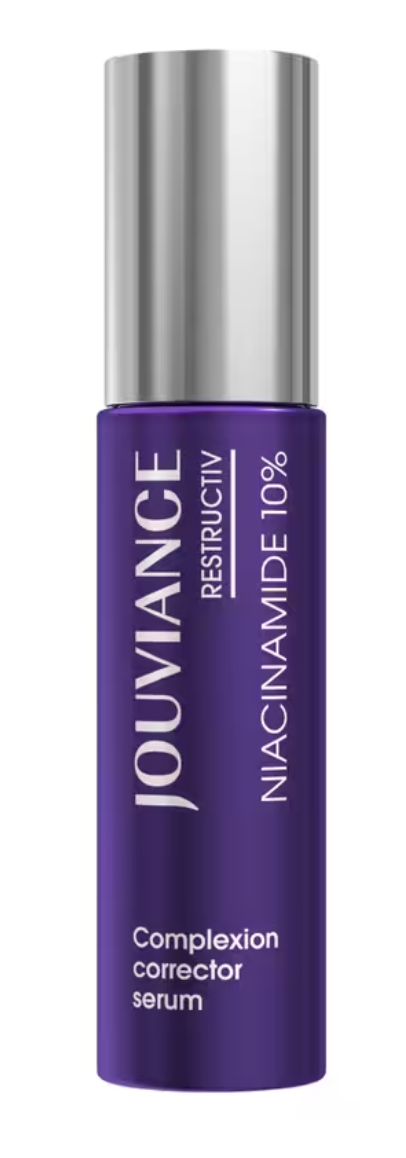 Jouviance Restructiv Niacinamide 10% serum in a 30ml bottle, shown in a beauty product image, designed for skin rejuvenation.