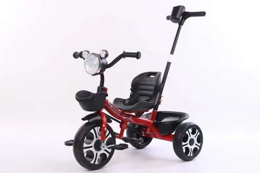 Kids Tricycle with Parent Push Handle | Front Basket | Headlight | Padded Seat | Ages 1-4 | Red