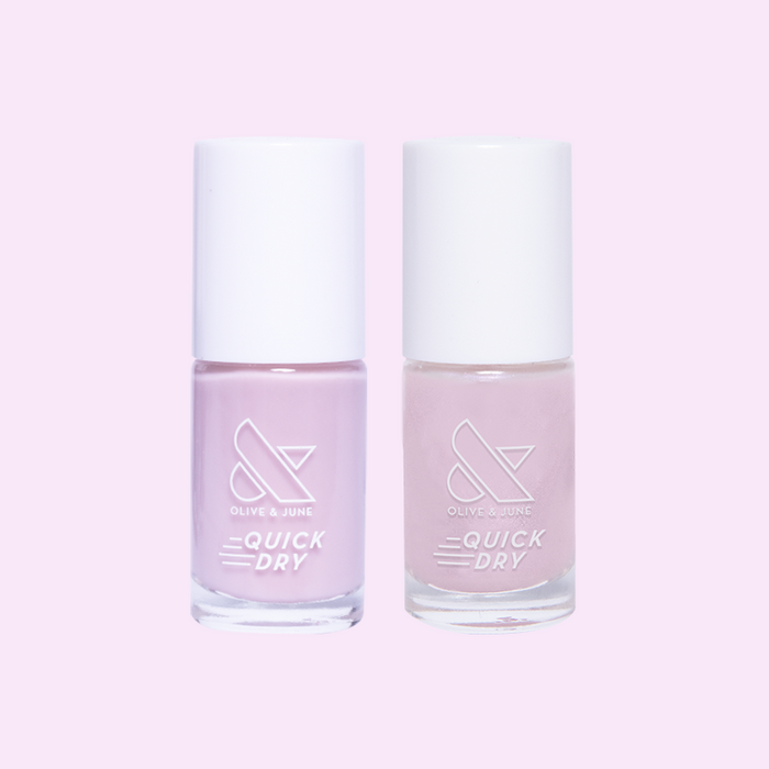 Kiss of Chrome quick dry polish set with pearly sheer and chrome-inspired glaze for a glossy at-home manicure