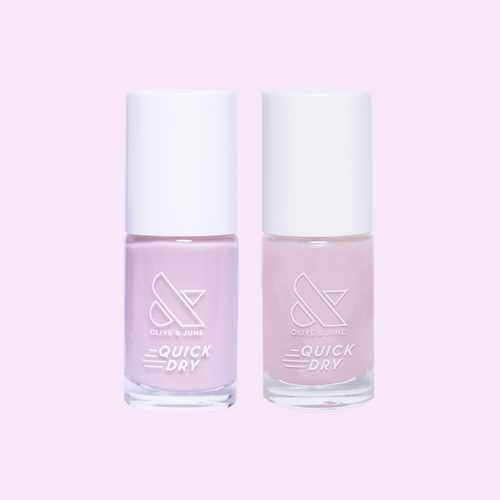 Kiss of Chrome quick dry polish set with pearly sheer and chrome-inspired glaze for a glossy at-home manicure
