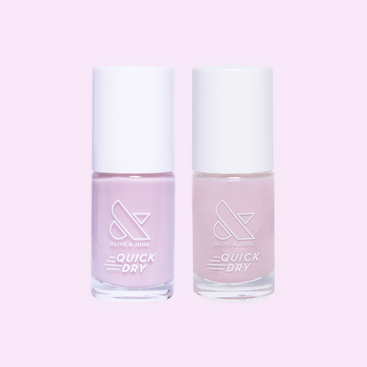 Kiss of Chrome quick dry polish set with pearly sheer and chrome-inspired glaze for a glossy at-home manicure