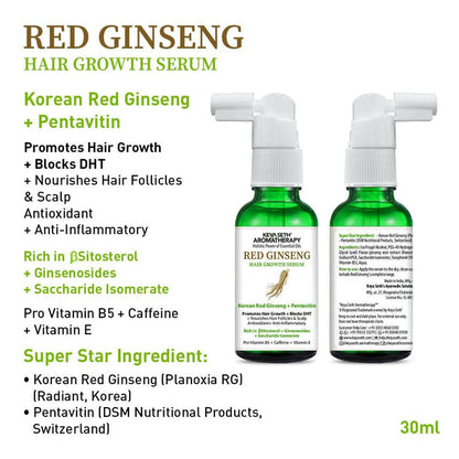 Korean Red Ginseng Hair Growth Serum, Blocks DHT, Pentavitin, Caffeine, Vitamin B5, Hydration, Nourishes Hair Follicles & Scalp, Antioxidant - Keya Seth Aromatherapy