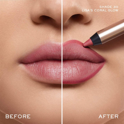 Lancôme Lip Idôle Lip Shaper Lip Liner in Lisa's Coral Glow, creamy matte finish, close-up of the coral-colored lip liner pencil.