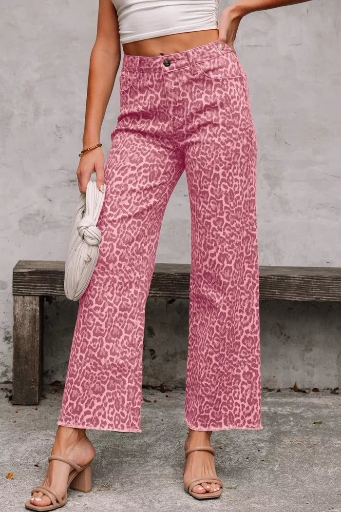 Leopard Frayed Edge Wide Leg High Waist Jeans