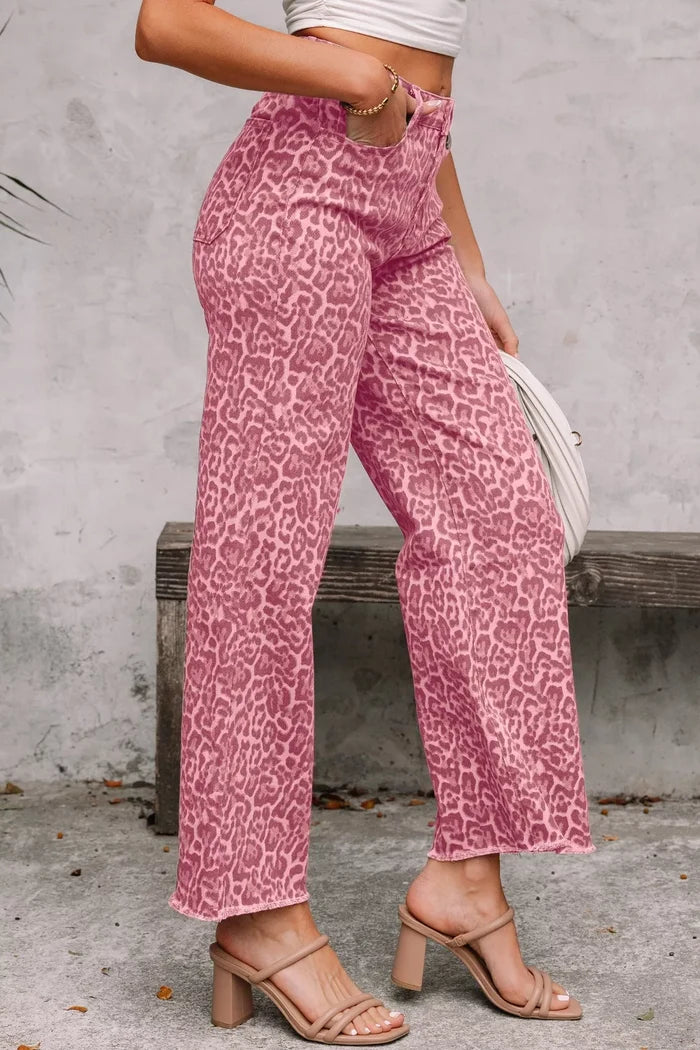 Leopard Frayed Edge Wide Leg High Waist Jeans