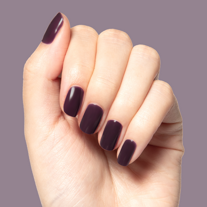 Let's Stay In gel polish on medium-length nails showing rich maroon-brown for a cozy, at-home manicure by Olive and June
