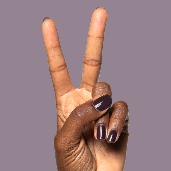 Let's Stay In gel polish on short nails showing deep maroon-brown for a cozy, long-lasting at-home mani by Olive and June