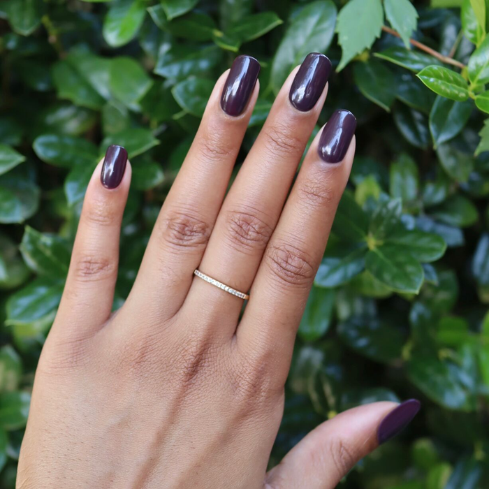 Let's Stay In gel polish on medium-length nails showing rich maroon-brown for a cozy, moodier manicure by Olive and June