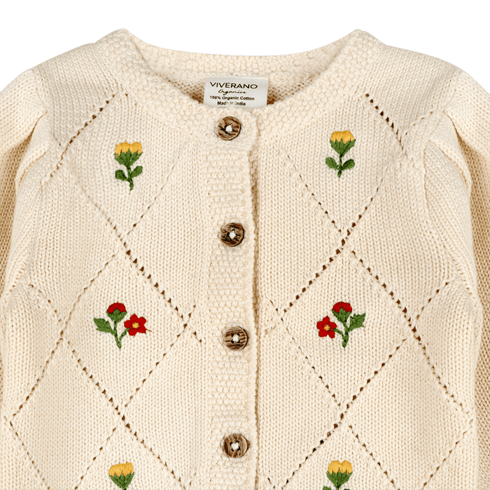 Organic Cotton Lisa Floral Embroidered Baby Cardigan, Detail