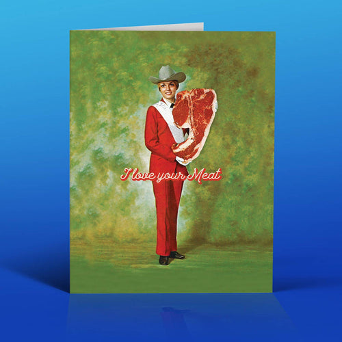 Offensivedelightful Love Meat love card featuring humorous, provocative design on a greeting card for special occasions.