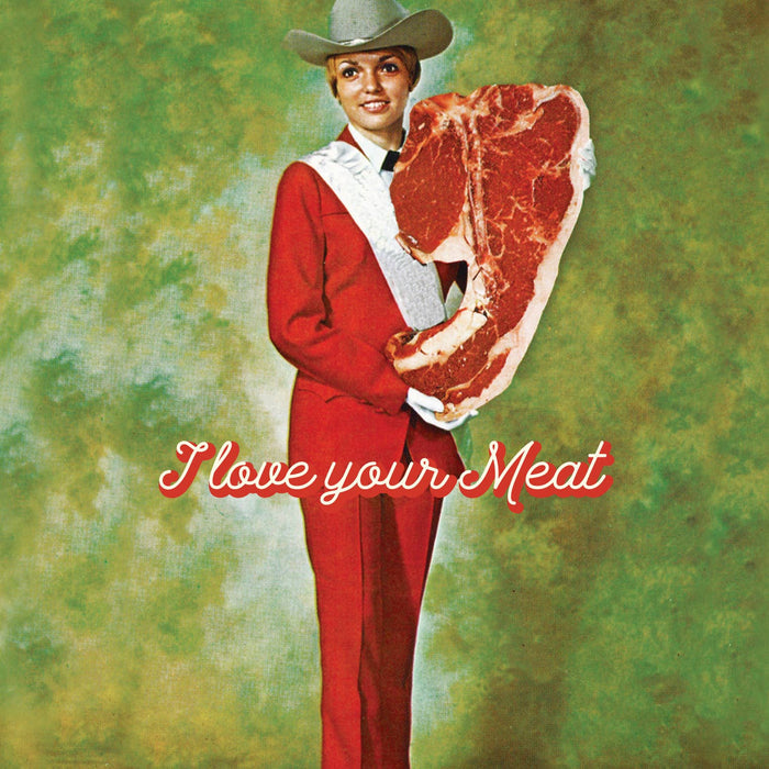 OffensiveDelightful's LOVE MEAT love card featuring bold, humorous text on a colorful card for romantic or playful moments.