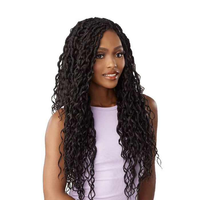 SENSATIONNEL long curly black braid hairstyle on woman wearing lavender top