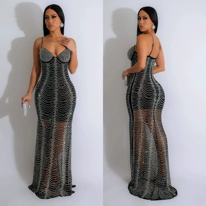 Luxurious & Sexy Mesh w/Rhinestone Strap Dress