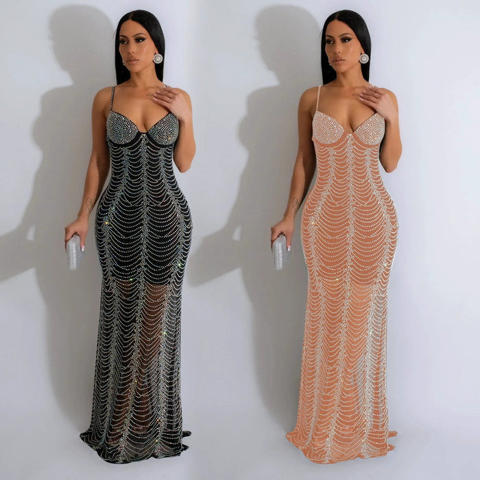 Luxurious & Sexy Mesh w/Rhinestone Strap Dress
