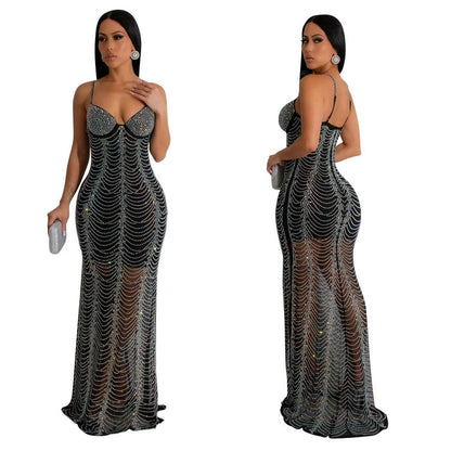 Luxurious & Sexy Mesh w/Rhinestone Strap Dress